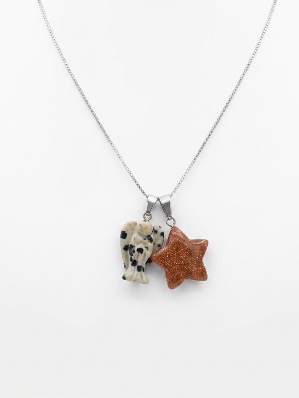 Boho Goldstone Crystal Star and Goldstone Star Sterling Silver Necklace 16”